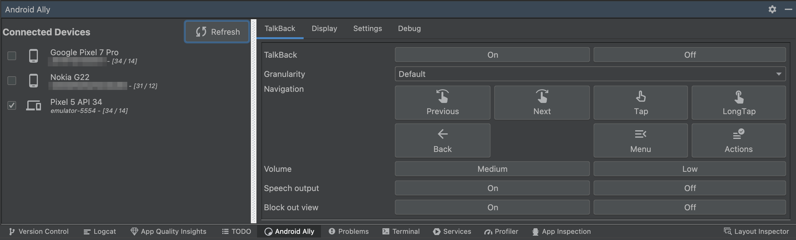 The TalkBack tab of the Android Ally plugin. There are three devices displayed in the left panel, with a refresh button. In the TalkBack tab, there are buttons for turning TalkBack on and off, choosing the navigation granularity, and then several navigation options: previous, next, tap, long tap, back, menu and actions. Volume can be set to medium or low, speech output and  blockout mode can be turned on or off.